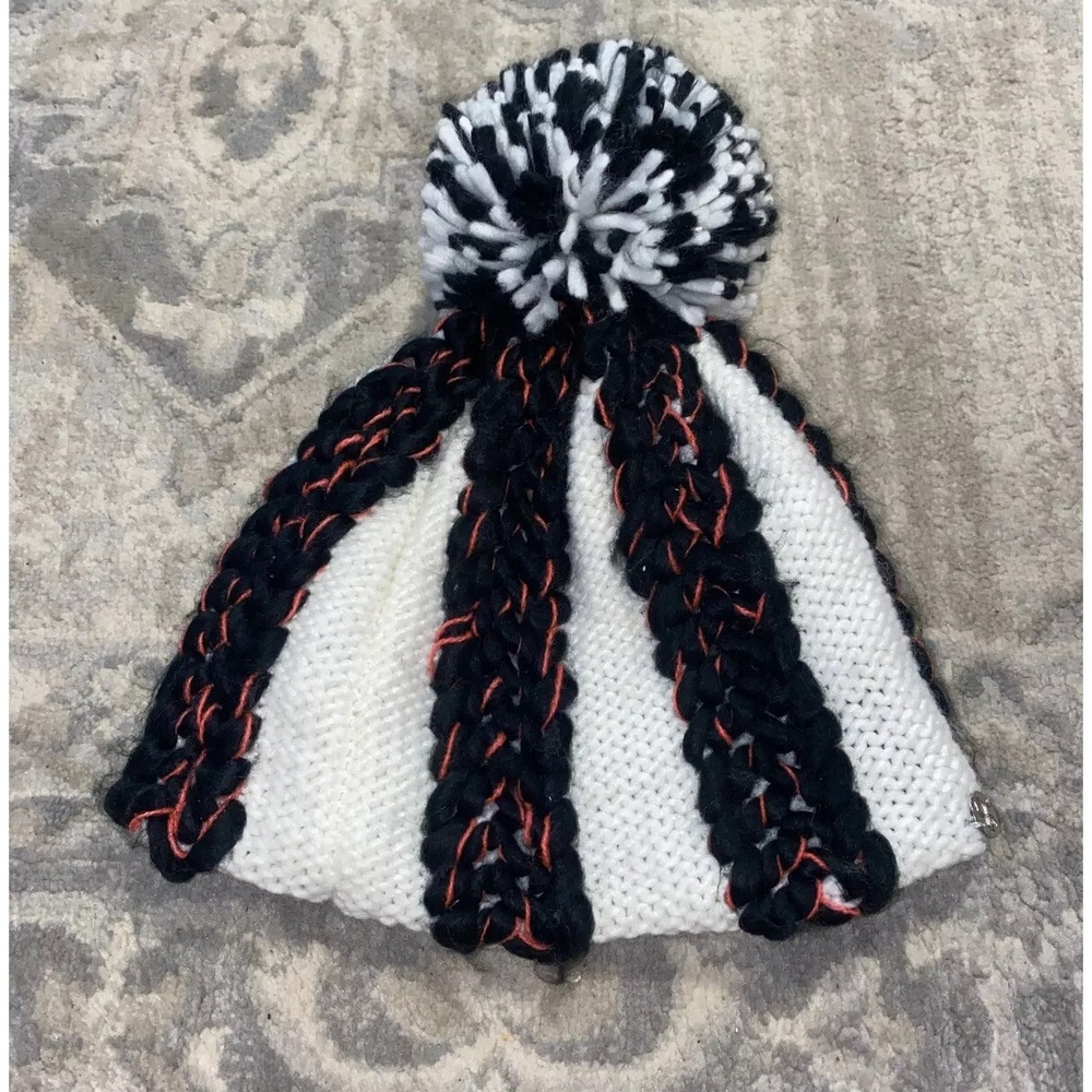 Spyder Womens Knit Hat Fleece Lining & Large Pom Pom Black Pink White One Size
